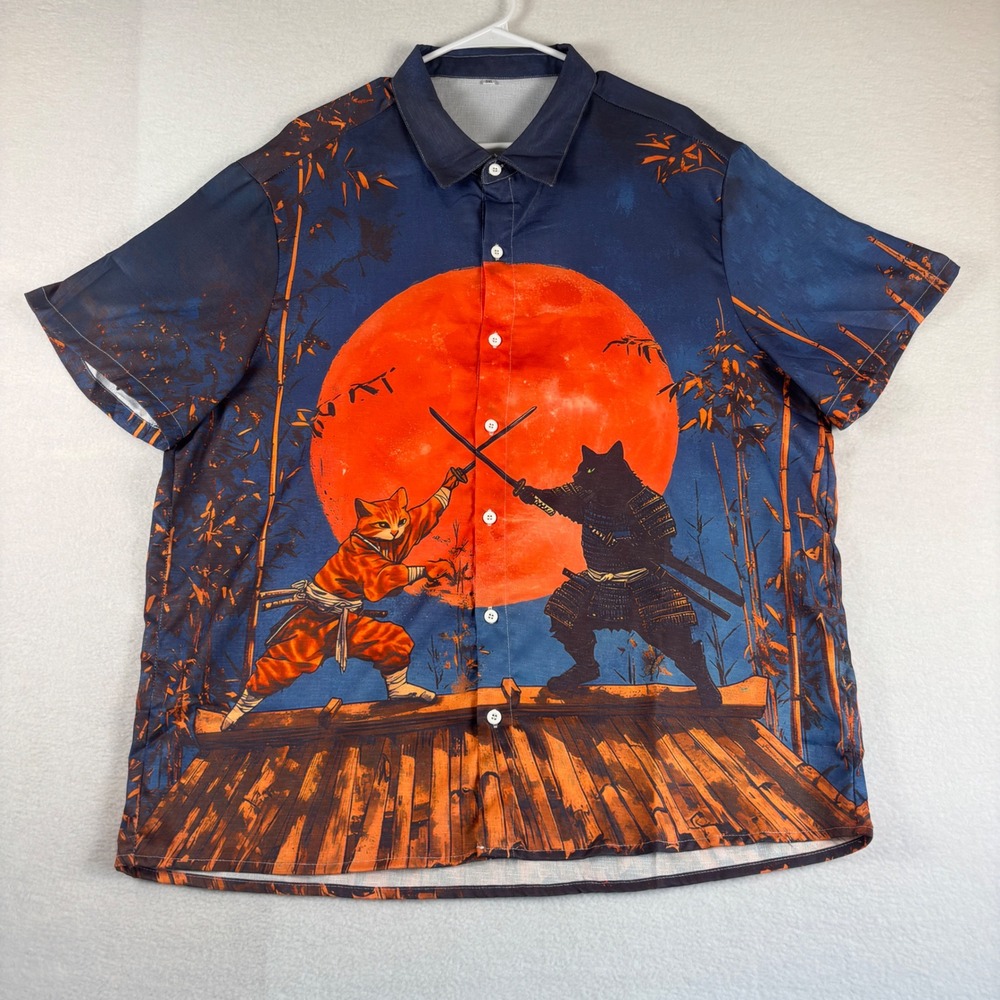 Samurai Cats Graphic Button Down Shirt Mens 3XL Blue Orange Japanese Moon Print
